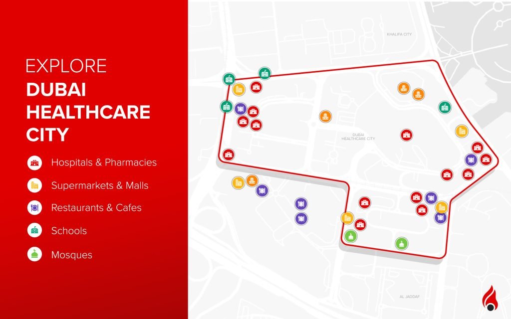 Map of Dubai showing hospital network clusters