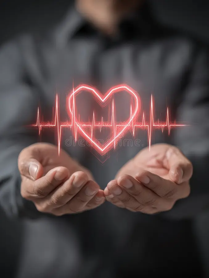 Hands holding a heart shape made of light, symbolizing critical illness support